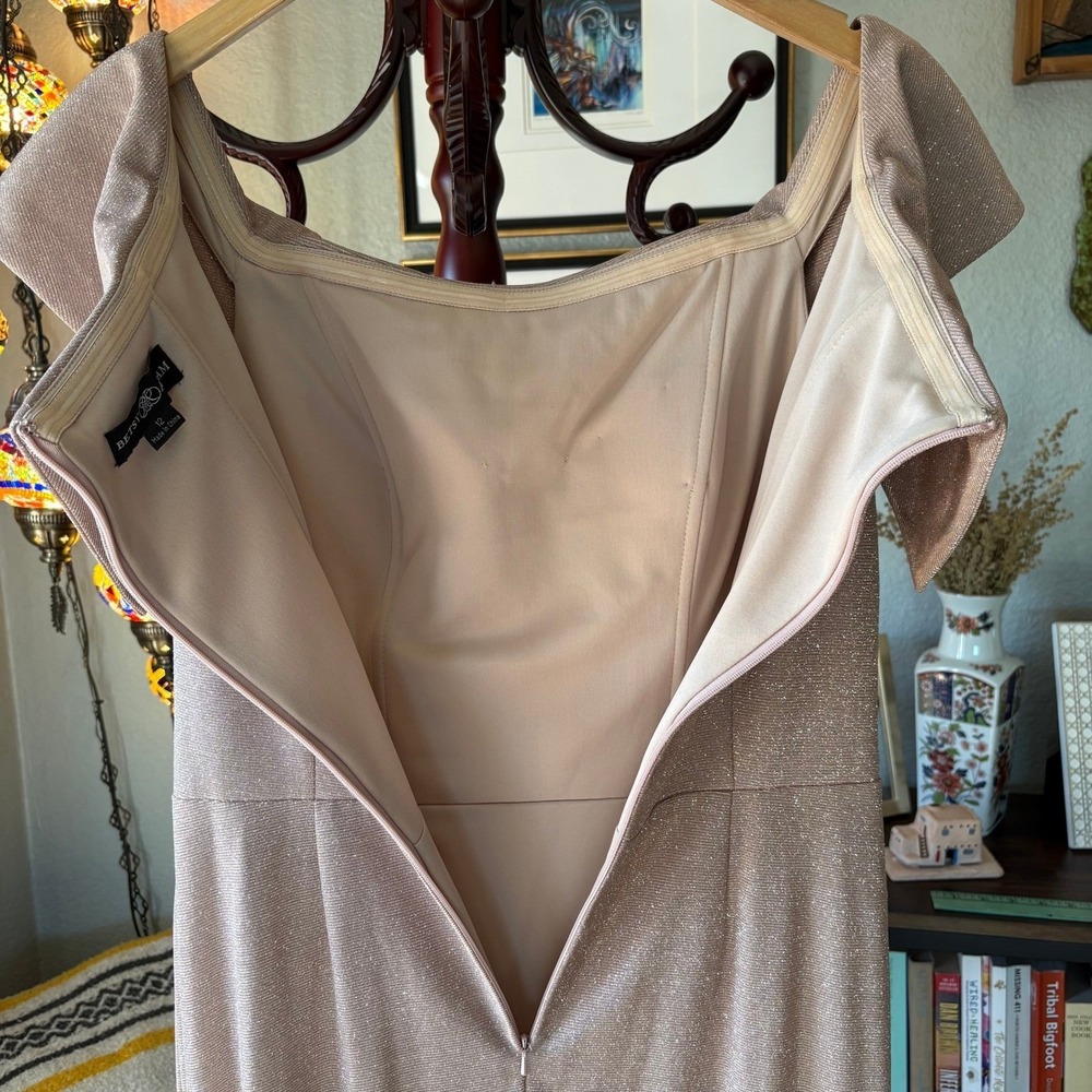 Betsy & Adam Shimmer Off Shoulder Evening Gown Champagne Formal Ruffle Dress - Picture 6 of 11